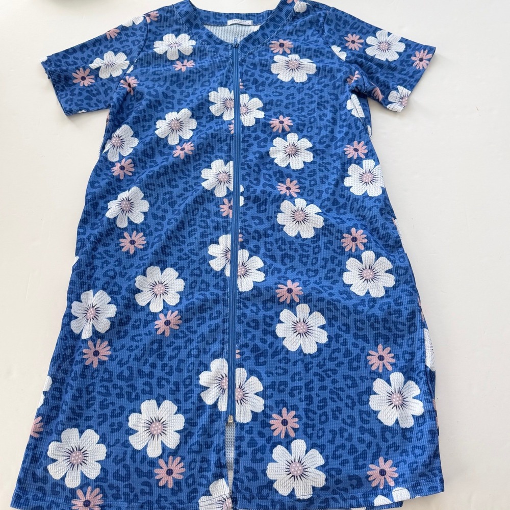 Ekouaer Women Medium Blue Floral Leopard Zip Front Waffle Knit House Dress Robe